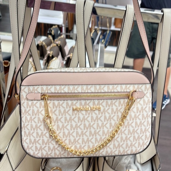 Michael Kors Jet Set Item Large East West Zip Chain Crossbody Optic White/Rsgld - Picture 2 of 16